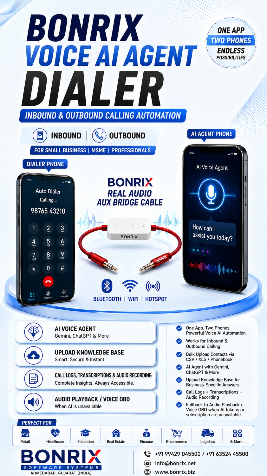 Bonrix Voice AI Agent Dialer (Inbound/Outbound) + Real Audio AUX Bridge Cable — Two‑Phone AI Calling for MSMEs, Real SIM Calls, LLM Configurable