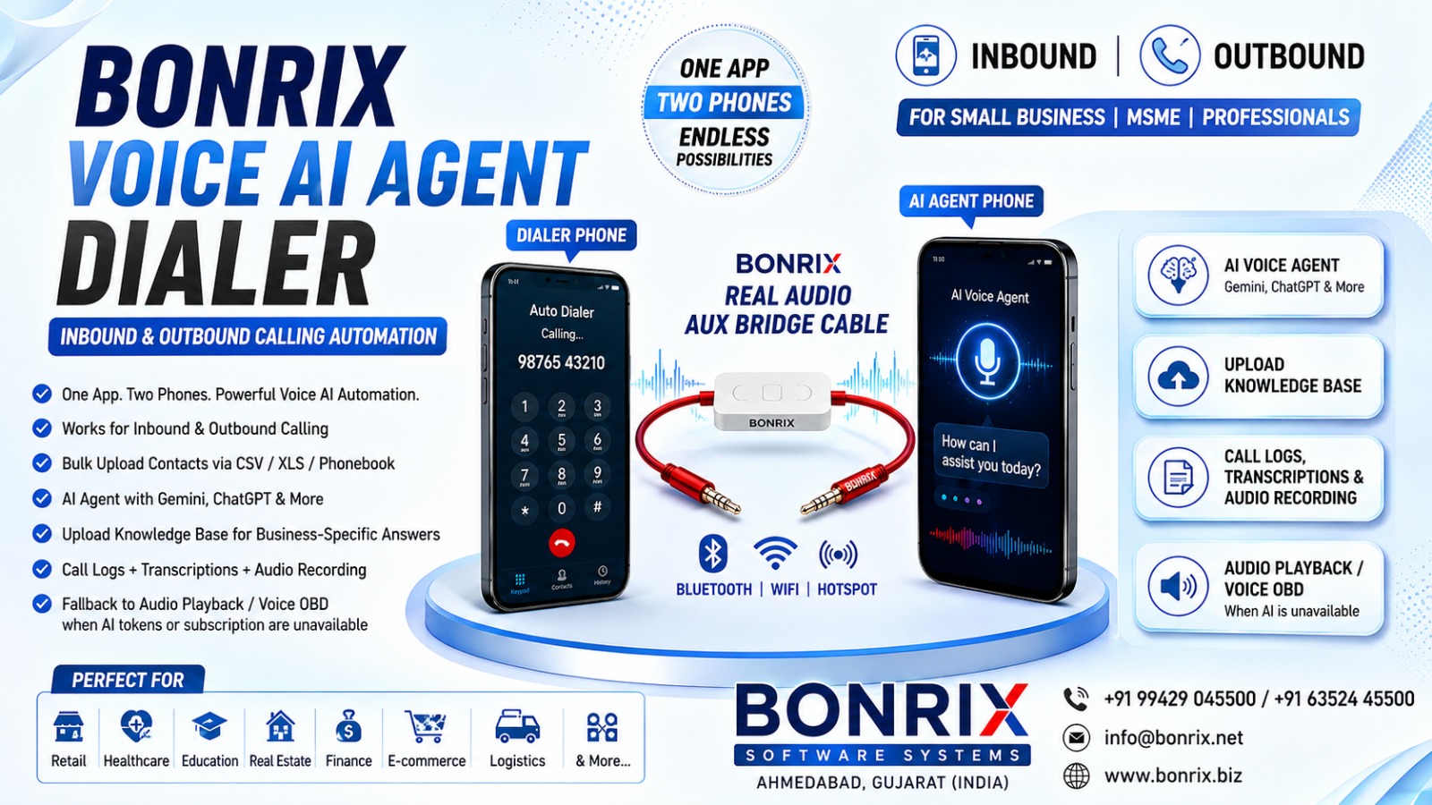 Bonrix Voice AI Dialer & AUX Audio Bridge Cable: 2‑Phone AI Calling, Inbound/Outbound for MSMEs